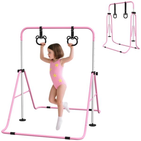 Gymnastikstång för Barn - Turnstång - Höjdjusterbar 5 Nivåer - Med Ringar - Hopfällbar - Stålram - Rosa