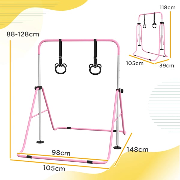 Gymnastikstång för Barn - Turnstång - Höjdjusterbar 5 Nivåer - Med Ringar - Hopfällbar - Stålram - Rosa