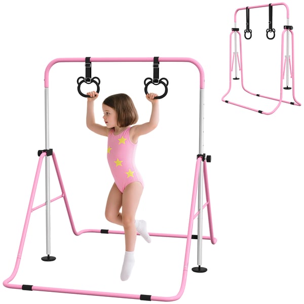 Gymnastikstång för Barn - Turnstång - Höjdjusterbar 5 Nivåer - Med Ringar - Hopfällbar - Stålram - Rosa