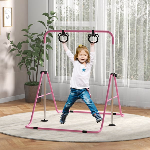 Gymnastikstång för Barn - Turnstång - Höjdjusterbar 5 Nivåer - Med Ringar - Hopfällbar - Stålram - Rosa