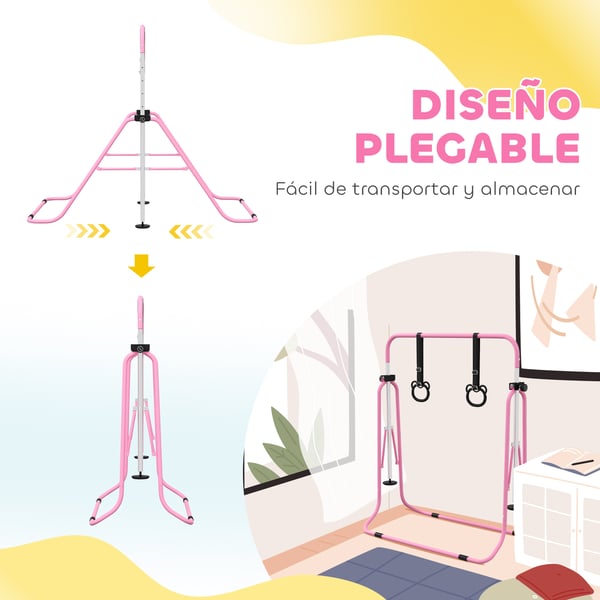 Gymnastikstång för Barn - Turnstång - Höjdjusterbar 5 Nivåer - Med Ringar - Hopfällbar - Stålram - Rosa