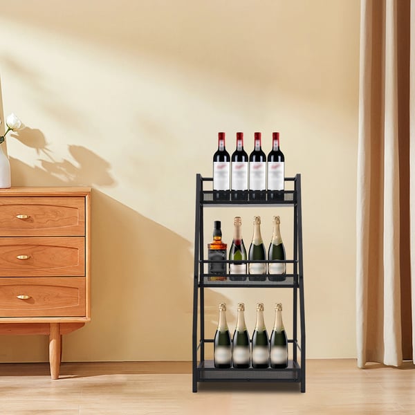 Vinreol - Fritstående Hjørne Vinstativ - 3 Niveauer - Trapezformet - Kulstofstål + MDF - 40×30×79 cm - Sikkerhedskant 5 cm - Mørk Khaki