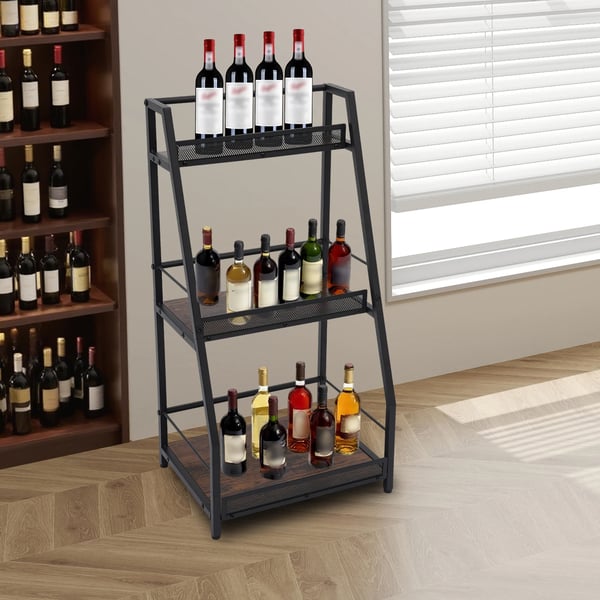 Vinreol - Fritstående Hjørne Vinstativ - 3 Niveauer - Trapezformet - Kulstofstål + MDF - 40×30×79 cm - Sikkerhedskant 5 cm - Mørk Khaki