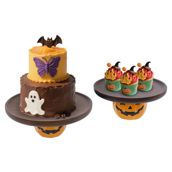 Halloween Kagefad - Kageopsats med Fod - Akacietræ - 2-pak - Græskar + Rund - Ø21,5/26 cm, H 9,8 cm - Voksolie - Mørkebrun & Orange