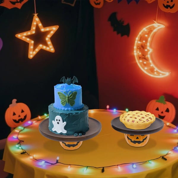 Halloween Kagefad - Kageopsats med Fod - Akacietræ - 2-pak - Græskar + Rund - Ø21,5/26 cm, H 9,8 cm - Voksolie - Mørkebrun & Orange