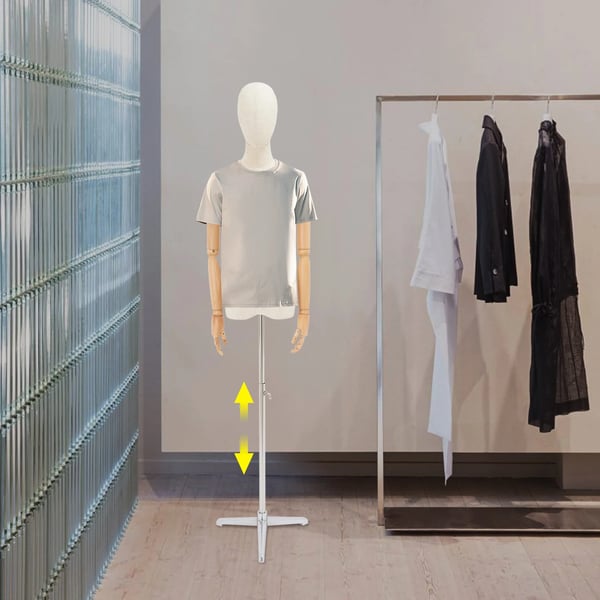 Dame mannequin - Halvkrop med hoved & hænder - 92 cm - Metal/Plast/Massivt træ/Linned - Galvaniseret - Sølv/Offwhite/Træfarve