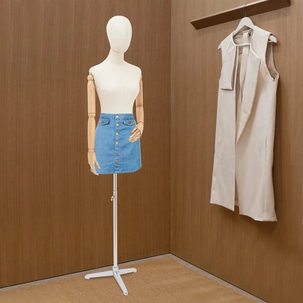 Dame mannequin - Halvkrop med hoved & hænder - 92 cm - Metal/Plast/Massivt træ/Linned - Galvaniseret - Sølv/Offwhite/Træfarve