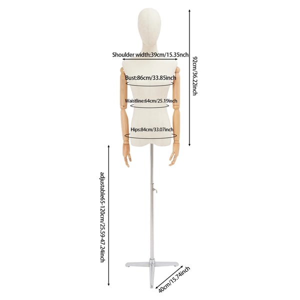 Dame mannequin - Halvkrop med hoved & hænder - 92 cm - Metal/Plast/Massivt træ/Linned - Galvaniseret - Sølv/Offwhite/Træfarve