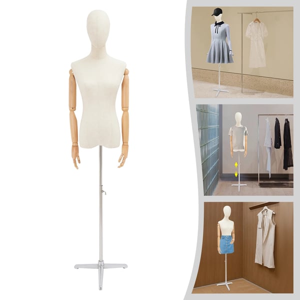 Dame mannequin - Halvkrop med hoved & hænder - 92 cm - Metal/Plast/Massivt træ/Linned - Galvaniseret - Sølv/Offwhite/Træfarve