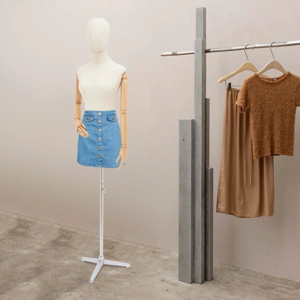 Dame mannequin - Halvkrop med hoved & hænder - 92 cm - Metal/Plast/Massivt træ/Linned - Galvaniseret - Sølv/Offwhite/Træfarve