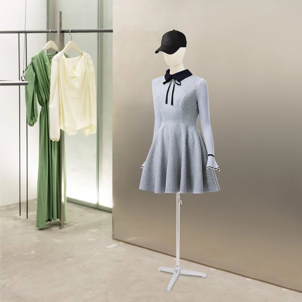 Dame mannequin - Halvkrop med hoved & hænder - 92 cm - Metal/Plast/Massivt træ/Linned - Galvaniseret - Sølv/Offwhite/Træfarve