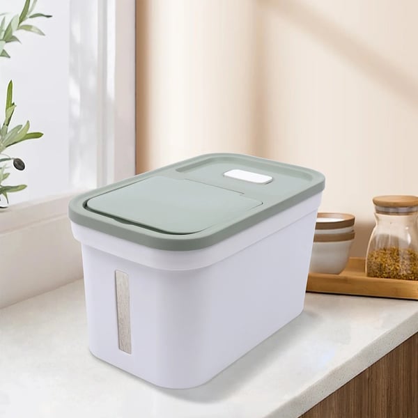 Risdispenser - Kornbeholder - Kapacitet 10 kg - Lufttæt Låg - Målebæger - Til Katte- og Hundefoder - Grøn