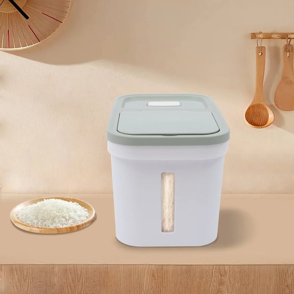 Risdispenser - Kornbeholder - Kapacitet 10 kg - Lufttæt Låg - Målebæger - Til Katte- og Hundefoder - Grøn