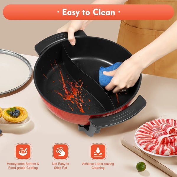 Elektrisk hotpot & fonduegryde - To-delt separerbar - 1360 W - 6 L - Ø 31 cm - 5-trins temperaturkontrol - 220 V - Med låg - Sort