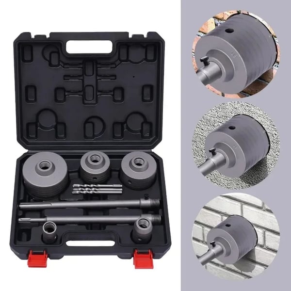 Hulsav/kernebor-sæt - SDS Plus/Max - 30–100 mm (30/40/68/80/100) - Til beton, cement, sten - 5 størrelser - 4,8 kg - Sort