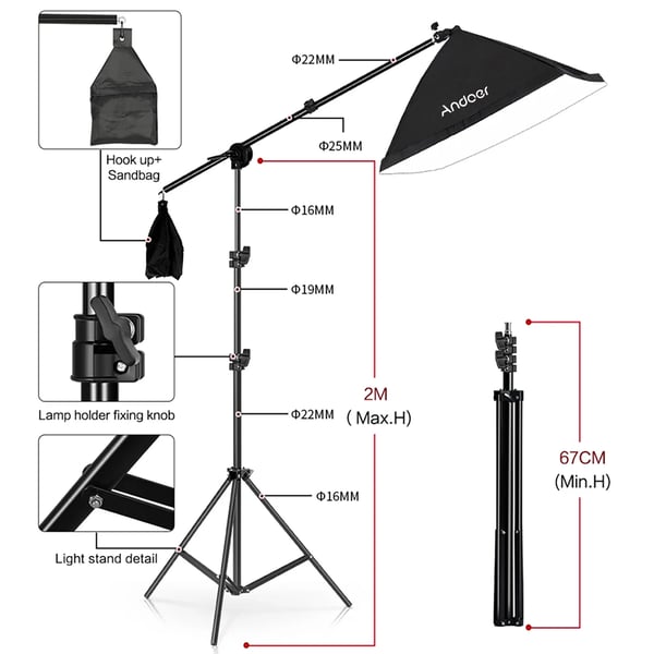 Studiobelysning - Softbox sæt - 135 W LED - 2 m lampestativ - Rektangulær - Til foto & video - Sort