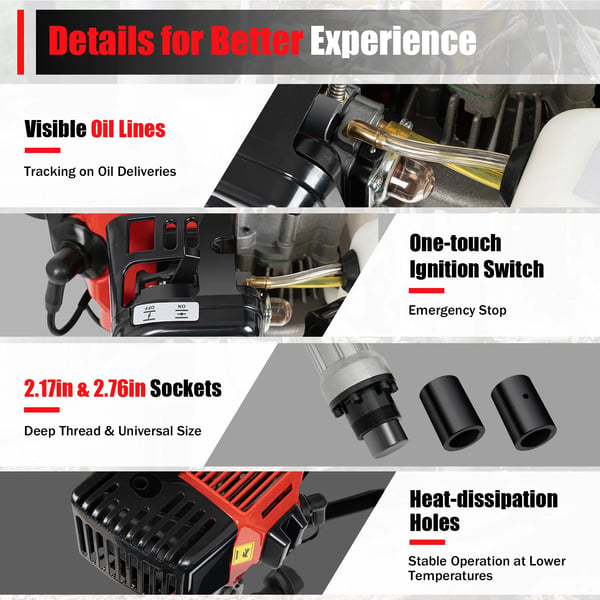 Benzindrevet pæledriver - 2-takt - 32,7 cm³ 900 W - 1700–2230 slag/min - 25–50 J - 0,9 l tank - 8500 omdr./min