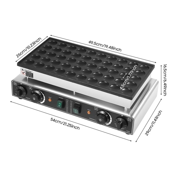 50-huls elektrisk mini pandekagemaskine - Kommercielt vaffeljern - Timer - Non-stick belægning - 50–300 °C - Lys sølv