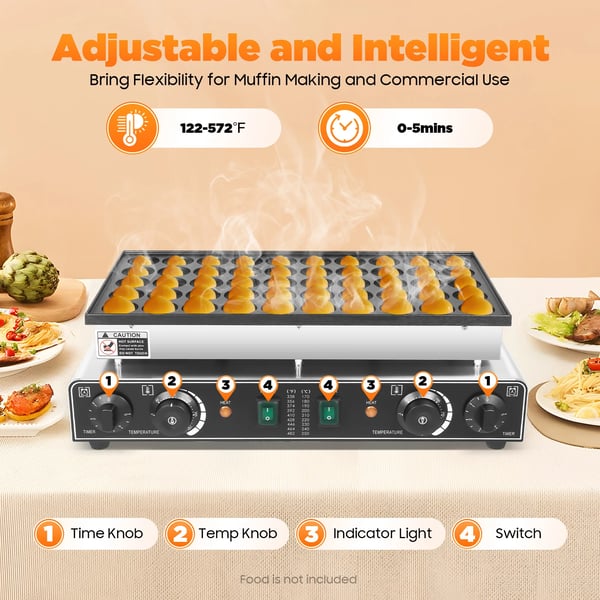 50-huls elektrisk mini pandekagemaskine - Kommercielt vaffeljern - Timer - Non-stick belægning - 50–300 °C - Lys sølv
