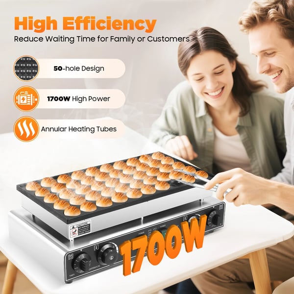50-huls elektrisk mini pandekagemaskine - Kommercielt vaffeljern - Timer - Non-stick belægning - 50–300 °C - Lys sølv