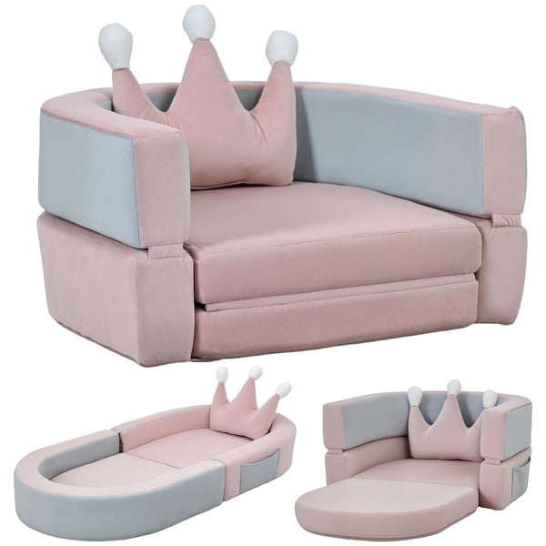 Barnsoffa - Vikbar - Skum och sammet - Med kronkudde - Rosa