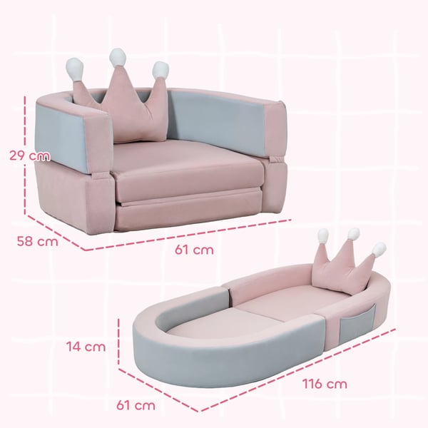 Barnsoffa - Vikbar - Skum och sammet - Med kronkudde - Rosa