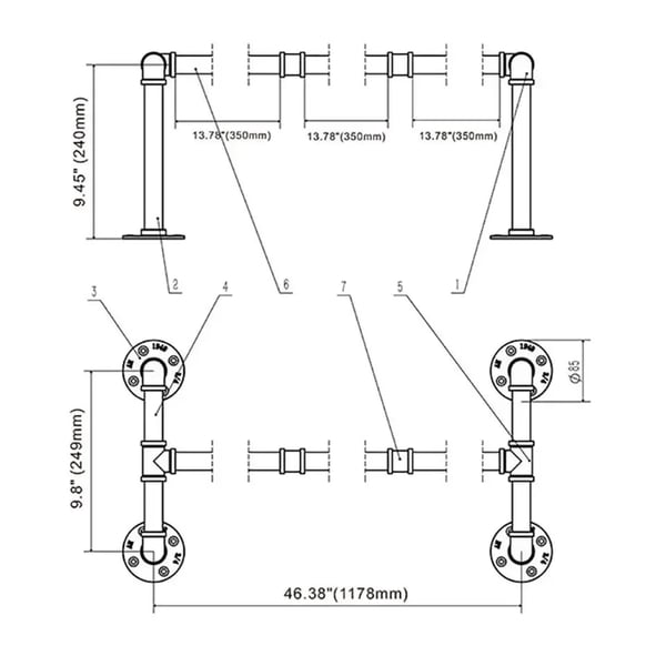 Tøjstativ - Væghængt tøjstang i stål - Industrielt design - Bæreevne 30 kg - Dybde 24 cm - Stanglængde 35 cm - Sort