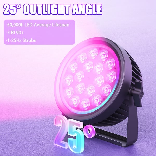 LED Par Lava/DJ-valo - 200W DMX512/RDM - 18x10W RGBW + 48x0,2W RGB - 7/11/16 kanavaa - Auto/Ääni/Master-Slave - RGB rengas-strobo - Lämmin valkoinen