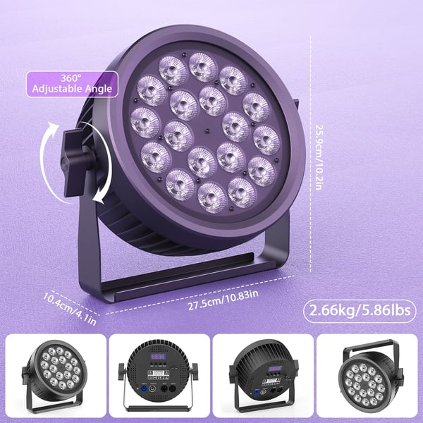 LED Par Lava/DJ-valo - 200W DMX512/RDM - 18x10W RGBW + 48x0,2W RGB - 7/11/16 kanavaa - Auto/Ääni/Master-Slave - RGB rengas-strobo - Lämmin valkoinen