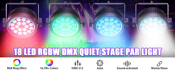 LED Par Lava/DJ-valo - 200W DMX512/RDM - 18x10W RGBW + 48x0,2W RGB - 7/11/16 kanavaa - Auto/Ääni/Master-Slave - RGB rengas-strobo - Lämmin valkoinen