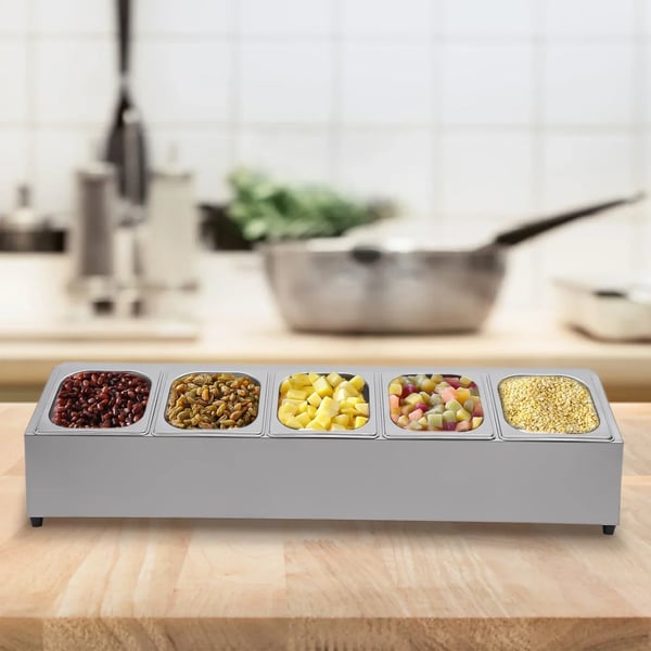 GN Gastronorm Topstativ - Beholderramme - Inkl. 5 GN-beholdere og 5 låg - Toppingstation til pizza - Sølv