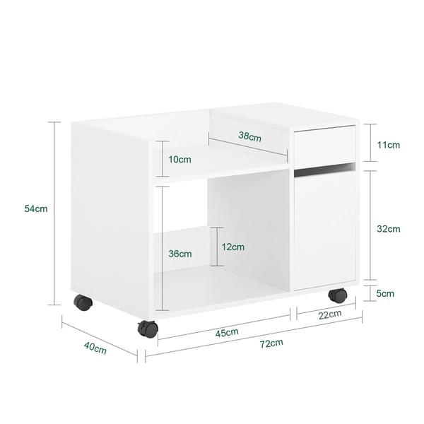 Rullecontainer til printer - ASK02-W Rullecontainer/Arkivskab - Med hjul - Skuffe og dør - Printerbord/Stand - Samles selv - Hvid