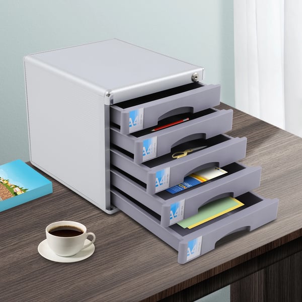 Skrivebords skuffeorganizer - Dokumentopbevaringsskab - 5 Niveauer - Låselige Skuffer - Aluminiumlegering & MDF - Rektangulær - Sølv