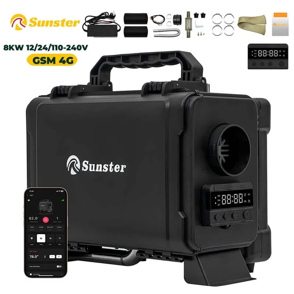 Diesel luftvarmer - Bærbar 8 kW værktøjskassemodel - LTE 4G fjernstyring + LCD - 12V/24V/110–240V - 20–25 m² - Støjsvag <35 dB - Gul