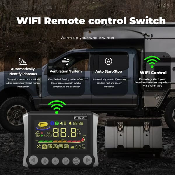 TB10 WiFi - Diesel pysäköintilämmitin - 8 kW - DC 12/24 V & AC 110–240 V - Sovellus, Bluetooth, kaukosäädin & LCD - 6 L säiliö - Musta