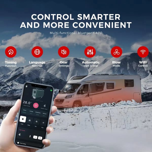 TB10 WiFi - Diesel pysäköintilämmitin - 8 kW - DC 12/24 V & AC 110–240 V - Sovellus, Bluetooth, kaukosäädin & LCD - 6 L säiliö - Musta