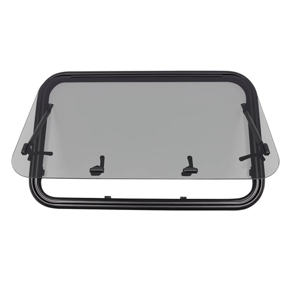 Autocamper/Caravan Vindue - Udskydeligt 90×55 cm - 4 mm hærdet glas - Insektnet - Låsbart greb - Åbner 65° - Til væg 30 mm - Sort