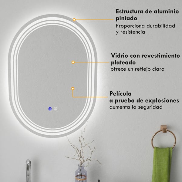 Badrumsspegel - Spegel med LED-belysning - Oval - Inramad - Aluminiumram - Modern design