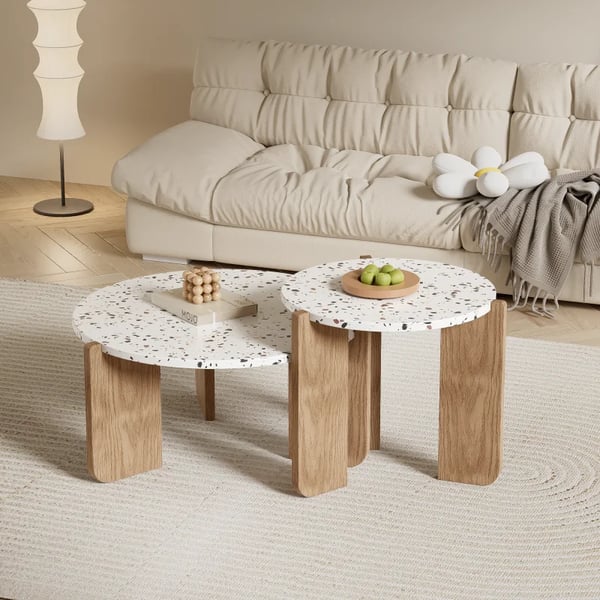 Foldbart sofabord - Sidebord - Sæt med 2 - Pladsbesparende - Til stue, sofa, altan - Beige