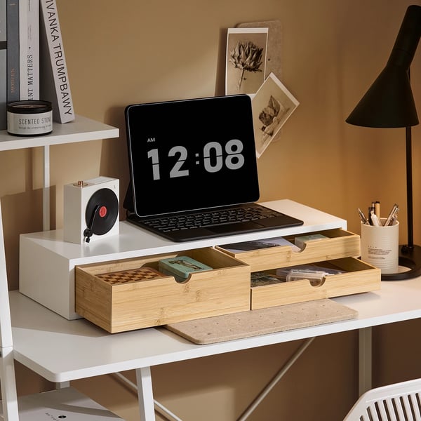BBF11-WN - Näytönkorotin/Monitoriteline - 3 Laatikkoa - 60×11×22 cm - Suorakulmainen - Työpöydälle - Valkoinen