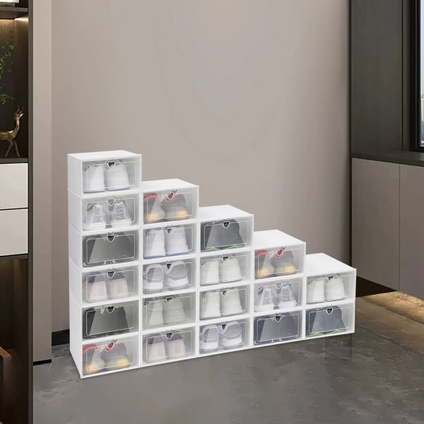 Skokasser - Stabelbare opbevaringskasser til sko - 20 stk. - 33×23×14 cm - Transparent PP - Sammenklappelig - Støvfri - Hvid