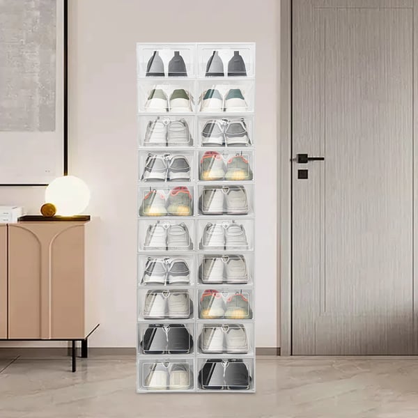 Skokasser - Stabelbare opbevaringskasser til sko - 20 stk. - 33×23×14 cm - Transparent PP - Sammenklappelig - Støvfri - Hvid