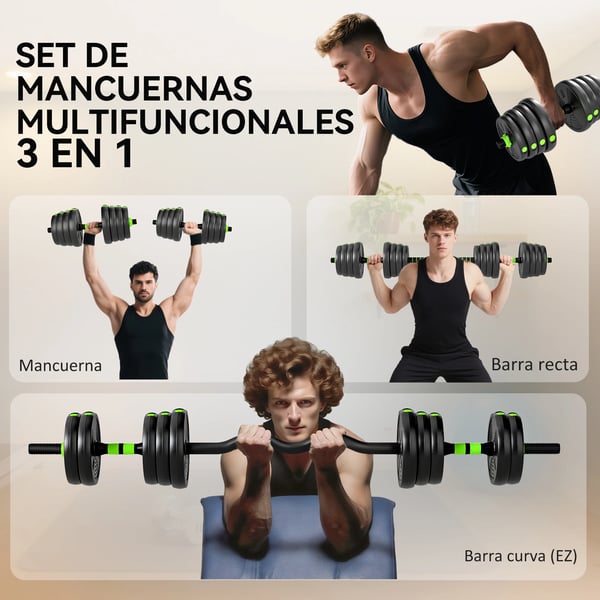 Justerbart Hantelset - 3‑i‑1 med Sammankopplingsstång - 30–35 kg - Halkfria Handtag - Styrketräning Armar Hemma - Grön