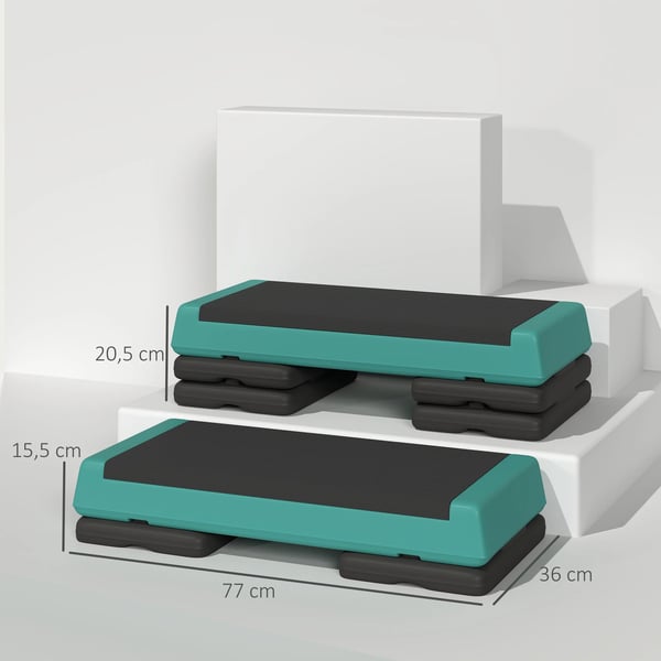 Aerobic Step - Stepbräda - Halkfri yta - Justerbar höjd 3 nivåer 10,5/15,5/20,5 cm - Max 250 kg - Storlek 77×36 cm - Grön