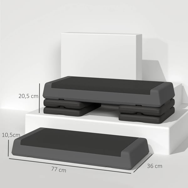 Aerobic Stepper - Fitness Stepbräda - Halkfri - 3 Höjdlägen 10,5/15,5/20,5 cm - Max 250 kg - 77×36 cm - Mörkgrå