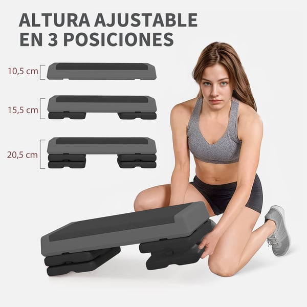 Aerobic Stepper - Fitness Stepbräda - Halkfri - 3 Höjdlägen 10,5/15,5/20,5 cm - Max 250 kg - 77×36 cm - Mörkgrå