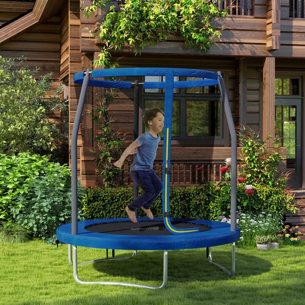 Barntrampolin - Trädgårdstrampolin - Diameter 183 cm - Säkerhetsnät - Stålram - Balans- & Benträning - Blå