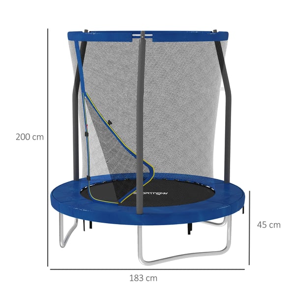Barntrampolin - Trädgårdstrampolin - Diameter 183 cm - Säkerhetsnät - Stålram - Balans- & Benträning - Blå