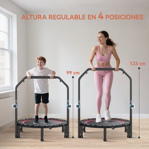 Minitrampolin - Rebounder - Ø102 cm - Justerbart Handtag - Stålram - Hopfällbar - Kondition & Ben - Röd