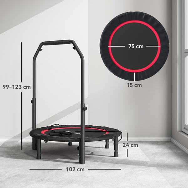 Minitrampolin - Rebounder - Ø102 cm - Justerbart Handtag - Stålram - Hopfällbar - Kondition & Ben - Röd